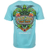 Turquoise t-shirt with a colorful sea turtle graphic and Ron Jon Surf Shop text on the back; Cocoa Beach, Fla printed underneath.
