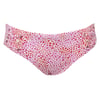 Front view of a kids bikini bottom with a pink, red, and white spotted print pattern.