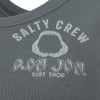 Gray T-shirt with Salty Crew text, shark mouth graphic, and Ron Jon Surf Shop logo.