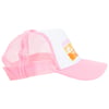 A pink and white trucker hat with a beach-themed design on the front panel, featuring palm trees.