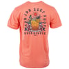 Back of a coral t-shirt with Ron Jon Surf Shop and Quiksilver text, featuring a beach-themed graphic with a surfboard, a sun, flowers, and waves.
