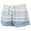 Blue and white striped shorts with a drawstring waistband, made of a soft, textured fabric.
