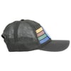 Side view of a black mesh trucker cap featuring colorful horizontal stripes on the front panel.
