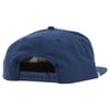 Back view of a blue snapback cap with adjustable strap and multiple holes for size adjustment.