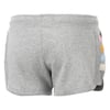Gray athletic shorts with a ribbed waistband and colorful stripes on the side. Rear view.