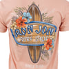 Back of a peach t-shirt with a Ron Jon Surf Shop logo featuring a surfboard, tropical flowers, and text reading Myrtle Beach.
