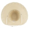 A beige straw hat with a wide brim and braided detailing, featuring a white adjustable chinstrap, showing the inside.