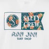 White t-shirt with Salty Crew and Ron Jon Surf Shop text. Floral design with orange flowers and green leaves.
