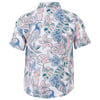 Short-sleeve shirt with a colorful tropical pattern featuring birds, flowers, and leaves.
