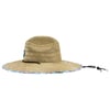 A wide-brimmed straw hat with a printed fabric edge and an adjustable black chin strap.