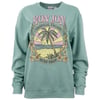 Green sweatshirt featuring beach scene and palm trees with Ron Jon Surf Shop text.