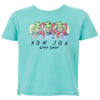 Teal T-shirt featuring cartoon turtles and lobsters eating and drinking at a table, with Ron Jon Surf Shop printed below the illustration.
