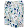White swim trunks with a blue, beige, and teal abstract floral pattern, featuring a black-and-white drawstring and a circular logo near the bottom hem.
