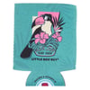 A toucan with sunglasses sits among pink flowers on a turquoise background with Ron Jon Surf Shop and Little Box Guy text.