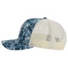 Blue patterned trucker hat with a white mesh back and a round emblem on the front.