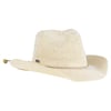 A light-colored, woven straw cowboy hat with a wide brim and an adjustable chin cord, shown against a plain white background.