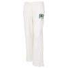 White sweatpants with an elastic waistband and a small green and Key West palm tree logo on the left thigh.