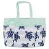 A striped tote bag with dark blue turtle patterns and light green trim.