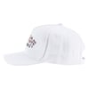 A white baseball cap with a curved brim, featuring a small, geometric design and text on the front left panel.