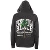 Black hooded sweatshirt with Pensacola Beach, a palm tree graphic, and Ron Jon Surf Shop text printed on the back.