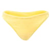 Yellow bikini bottoms with a floral pattern on display against a white background.