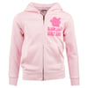 Pink hoodie with a front zipper, hood, and pink textured logo on the left chest.