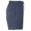 Blue knee-length shorts with an elastic waistband and a drawstring, featuring a side pocket with a flap and button detail.