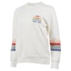 Off-white sweatshirt with multicolored stripes on the sleeves and a small graphic of a sunset and palm tree with Ron Jon text on the chest.