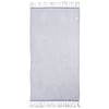 A rectangular light blue towel with white fringe on both shorter edges, laid flat on a white background.
