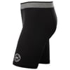 Black sports shorts with a gray waistband and a white circular logo on the lower left side.
