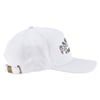 A white baseball cap with an adjustable strap and metal buckle at the back. The front features printed text and a graphic design.