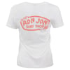 White T-shirt with Ron Jon Surf Shop printed in red on the back, surrounded by star designs.