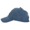 Side view of a blue denim baseball cap with a curved brim and an adjustable strap at the back.