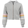 Gray zip-up hoodie with multicolored stripes on the sleeves. Text on the side reads Ron Jon Surf Shop.