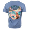 Blue T-shirt with RON JON SURF SHOP Cocoa Beach logo, featuring a scenic beach design with a dog, surfboard, waves, and palm trees.