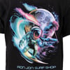 Astronaut surfing on a wave in space with a colorful backdrop of a moon, palm trees, and cosmic elements. Text reads Ron Jon Surf Shop.