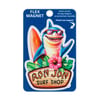 Cartoon shark wearing sunglasses and holding a surfboard next to tropical flowers. Text reads Ron Jon Surf Shop. Packaging states water proof, strong magnet, UV protected, durable.