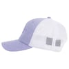 Side view of a blue and white trucker cap with a mesh back and curved brim.