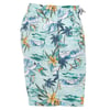 Colorful swim shorts featuring a tropical design with fish, palm trees, and flowers on a light blue background.