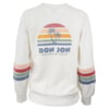White sweatshirt with Ron Jon Clearwater Beach text, a sunset and palm tree graphic, and colorful stripes on the sleeves.