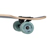 Close-up of a skateboards wheels, trucks, and the edge of the wooden deck, showing teal-colored wheels and part of the curved end.