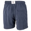 Navy blue shorts featuring an elastic waistband, a rear pocket with a button closure, and a small label on the waistband.