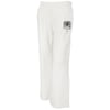 White sweatpants with an elastic waistband and Orlando Florida text in green and black on the upper left thigh.
