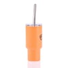 Orange insulated tumbler with metal straw and clear lid, standing upright on a white background.