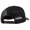 A black mesh trucker cap with a colorful patterned brim shown from the back, featuring an adjustable snap closure.