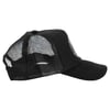 Black mesh trucker hat with a solid front panel and a logo, viewed from the side.