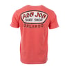 Watermelon colored T-shirt with a Ron Jon Surf Shop Orlando logo printed on the back.