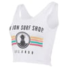 White sleeveless crop top featuring Ron Jon Surf Shop Orlando text and a black pineapple graphic with colorful stripes across the chest.