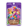 A colorful Ron Jon Surf Shop magnet features a pink flamingo adorned with tropical flowers against a sunset background. The packaging highlights its waterproof and UV-protected features.