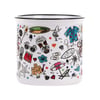 White ceramic mug decorated with colorful, small illustrations of beach-themed items such as surfboards, sunglasses, a tiki mask, shirt, sandcastle, and palm trees.